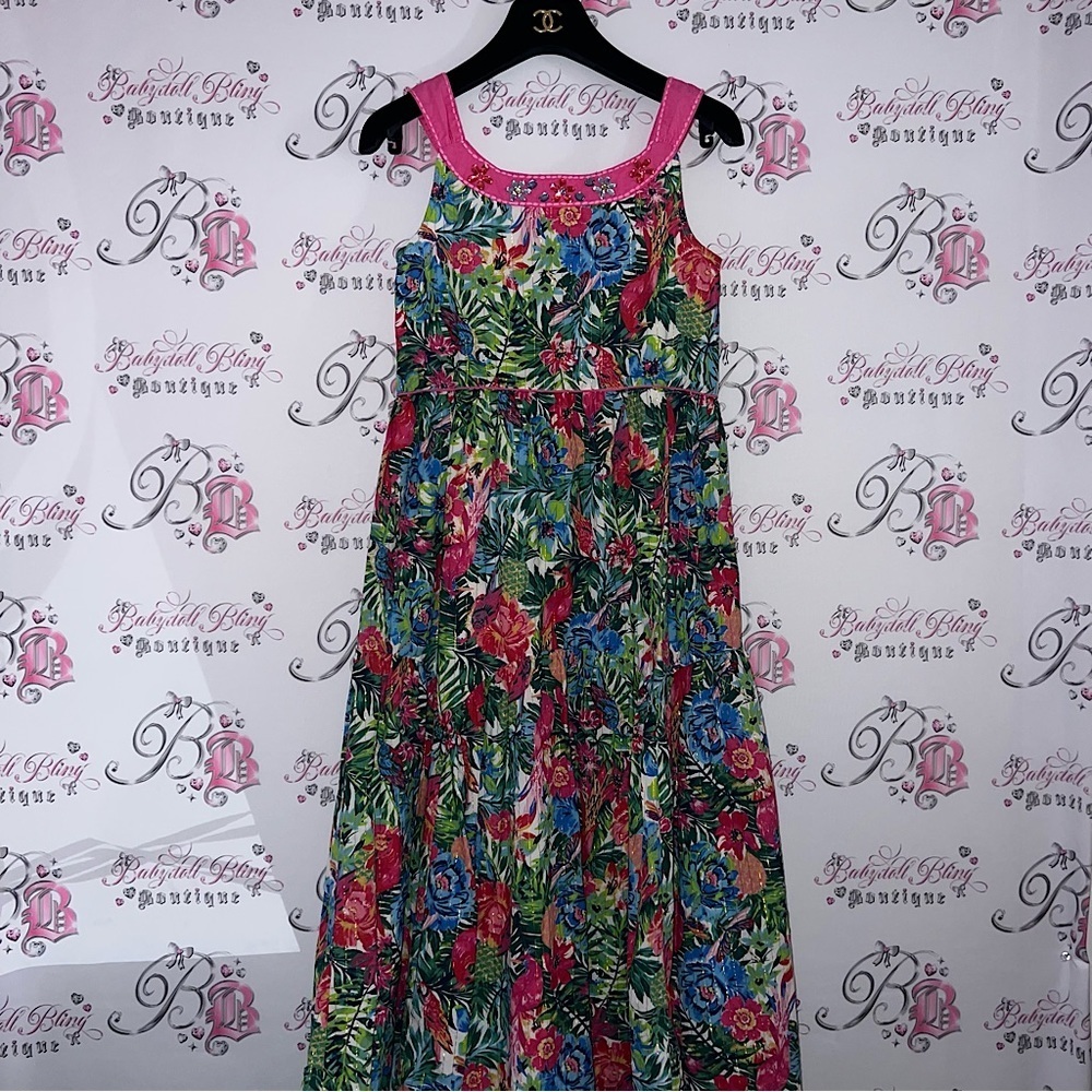 Monsoon dress tropical floral vacation gold sparkly thread jewels rhinestones 💎